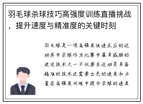 羽毛球杀球技巧高强度训练直播挑战，提升速度与精准度的关键时刻